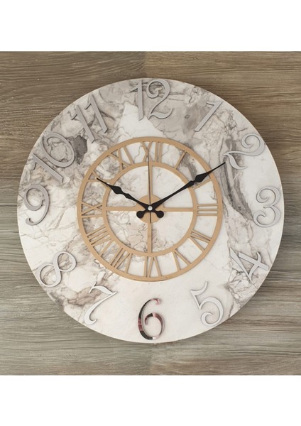 Mermer desenli, aynalı, altın detaylı modern duvar saati 50 cm çap