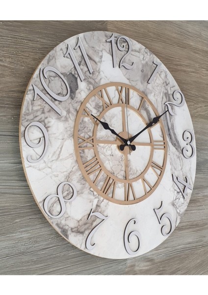 Mermer desenli, aynalı, altın detaylı modern duvar saati 50 cm çap