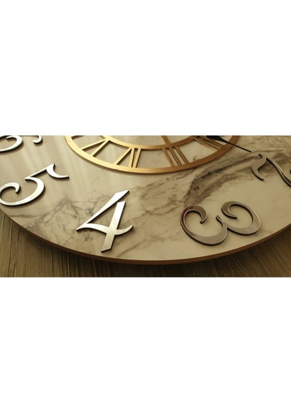 Mermer desenli, aynalı, altın detaylı modern duvar saati 50 cm çap