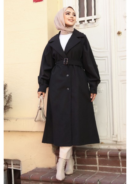 Kemerli Siyah Kaşe Tesettür Kaban 61241S