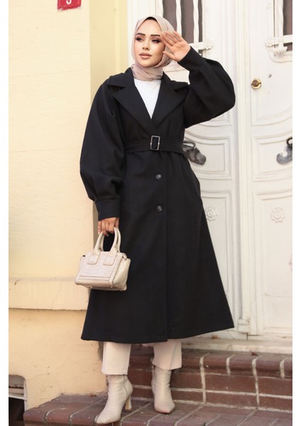 Kemerli Siyah Kaşe Tesettür Kaban 61241S fiyatları