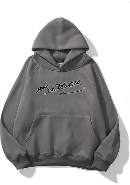 Kapüşonlu Içi Polar Kemal Atatürk Imzalı Baskılı Füme Unisex Hoodie Sweatshirt