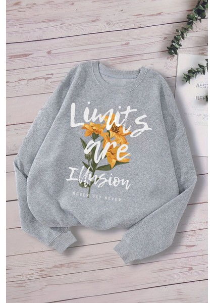 Tarz Limits Are Illusion Yazılı Ayçiçeği Baskılı Oversize Kapüşonlu Çocuk Sweatshirt 14566