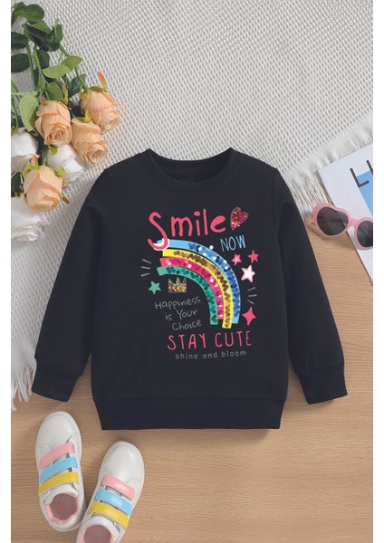 Trend Smile Yazılı Pullu Gökkuşağı Baskılı Oversize Kapüşonlu Çocuk Sweatshirt 14581