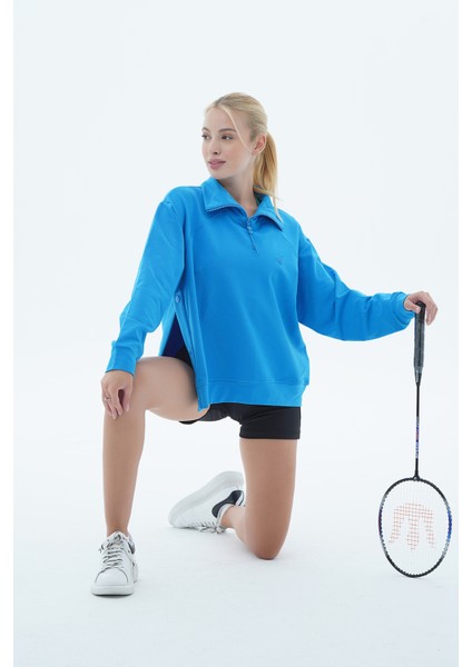 Daily Core - Mavi Oversize Yarım Fermuarlı Sweatshirt