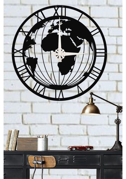 Modern dünya haritası tasarımlı metal duvar saati, 50x50 cm, şık ve zarif siyah renk