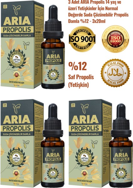 3 Adet Yetişkinler İçin Suda Çözünebilir Normal Değerde Propolis Damla %12 - 3x20ml