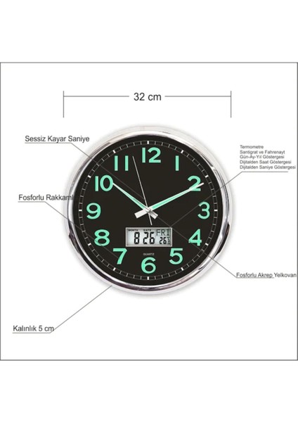 Fosforlu Termometreli Dijitalli Siyah Zeminli 32CM Duvar Saati