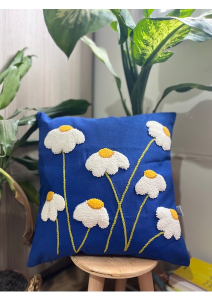 Papatya Desenli Punch Panç Işlemeli Kiremit Yastık Kırlent Kılıfı ( 42 x 42 cm )
