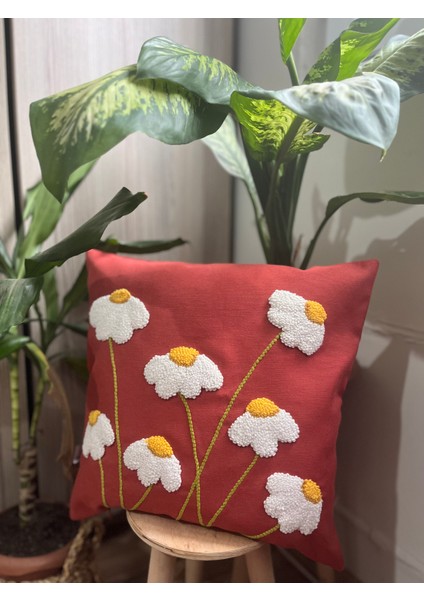 Papatya Desenli Punch Panç Işlemeli Kiremit Yastık Kırlent Kılıfı ( 42 x 42 cm )