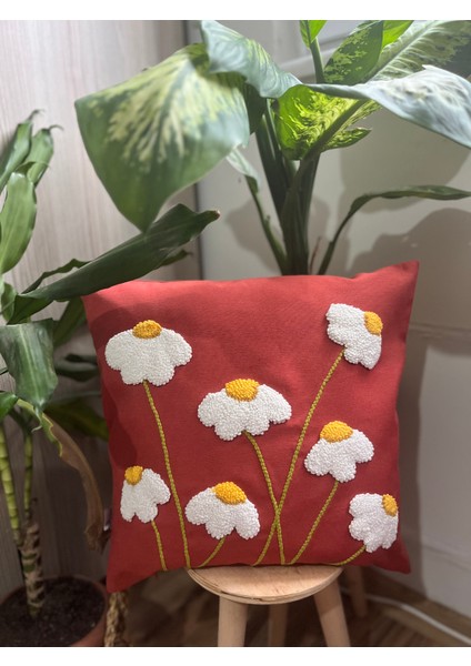 Papatya Desenli Punch Panç Işlemeli Kiremit Yastık Kırlent Kılıfı ( 42 x 42 cm )