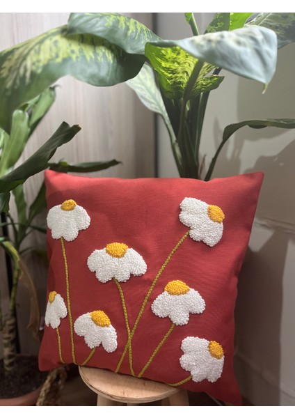 Papatya Desenli Punch Panç Işlemeli Kiremit Yastık Kırlent Kılıfı ( 42 x 42 cm )