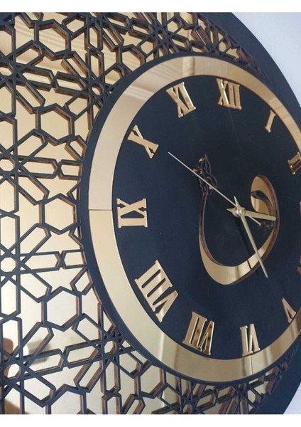 50cm Ahşap ve Ayna Vav Motifli Siyah Altın Duvar Saati, Geleneksel Tarz modelleri