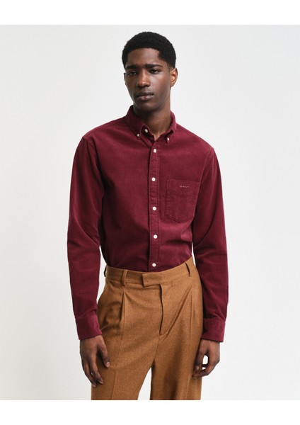 Erkek Bordo Regular Fit Düğmeli Yaka Kadife Gömlek 3230228.638