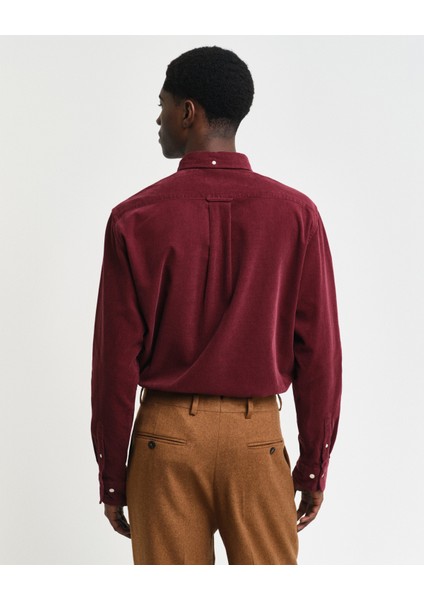 Erkek Bordo Regular Fit Düğmeli Yaka Kadife Gömlek 3230228.638