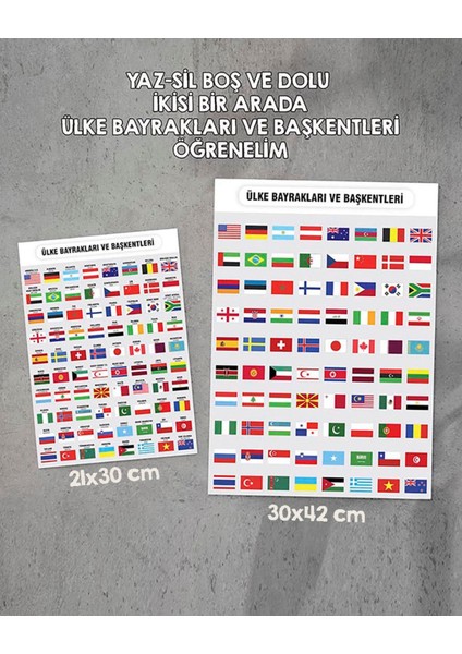 Pvc Yaz-Sil 2'li Ülkeler ve Başkentleri Öğren Oyun 21X30 ve 30X42 cm