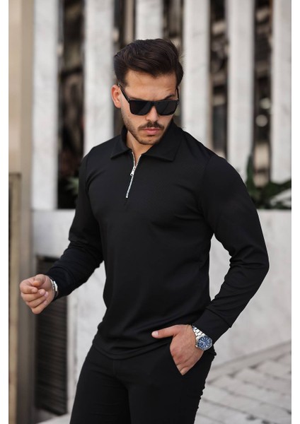 Siyah Fit Kalıp Uzun Kol Yarım Fermuarlı Ince Likralı Kazak Body
