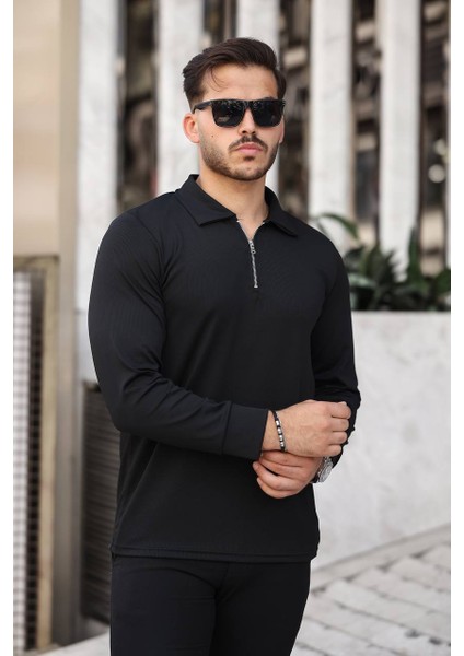 Siyah Fit Kalıp Uzun Kol Yarım Fermuarlı Ince Likralı Kazak Body