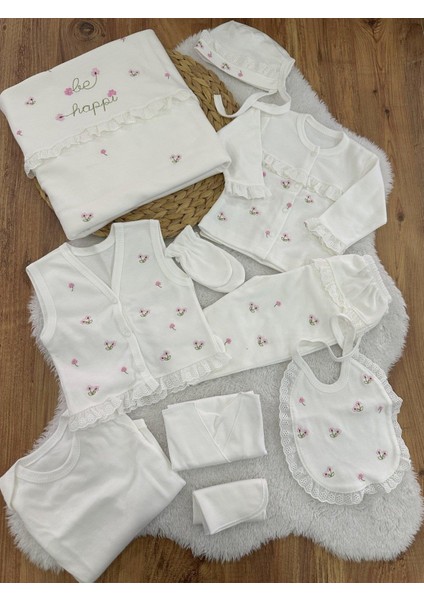 Be Happy Çiçek Nakışlı Güpürlü Kız Bebek 10LU Hastane Çıkışı