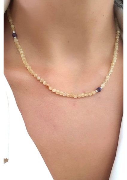 Sitrin ve Ametist Taşlı 925 Ayar Gümüş Detaylı Kolye