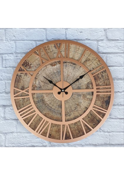 Bakır Dünya Temalı Modern Yuvarlak Duvar Saati 50x50cm, Metalik Renk