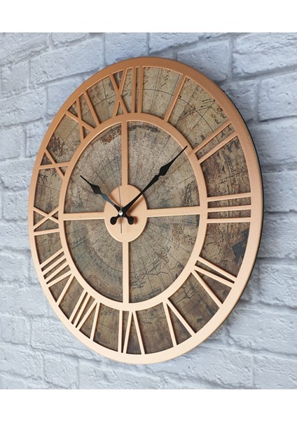 Bakır Dünya Temalı Modern Yuvarlak Duvar Saati 50x50cm, Metalik Renk