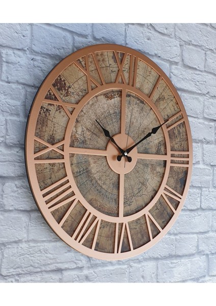 Bakır Dünya Temalı Modern Yuvarlak Duvar Saati 50x50cm, Metalik Renk