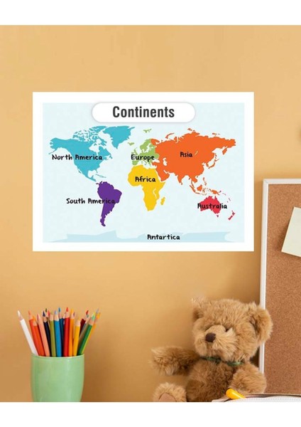 Continents-Kıtalar Ingilizce Çocuk Eğitim Tekli Pvc Poster 30X42 cm