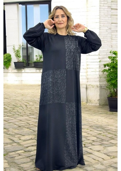 Deri Garnili Kol Ağzı Lastikli Büyük Beden %100 Pamuklu Viskon Elbise