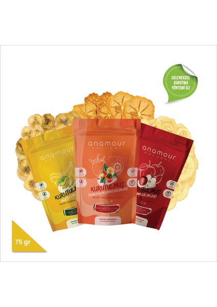 Anamour Natural Keyif Mini Paketi (Şeker Ilavesiz) - Hurma - Muz - Elma Kurusu - 3'lü Paket Kuru Meyve 75G