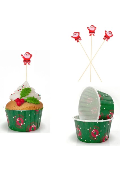 Yılbaşı Muffin Kek Yapım Seti 100 Parça Yılbaşı Muffin Kapsülü 50 Adet Noel Baba Kürdan 50 Adet