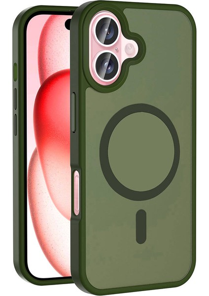iPhone 16 Plus Kılıf Magsafe Şarj Özellikli Mat Arka Yüzey Sio Kapak-Koyu Yeşil