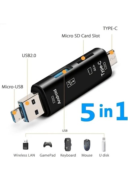 5'i 1 Arada USB Tip C / USB / Mikro USB / Tf / Sd Hafıza Kartı Okuyucu Otg Adaptörü