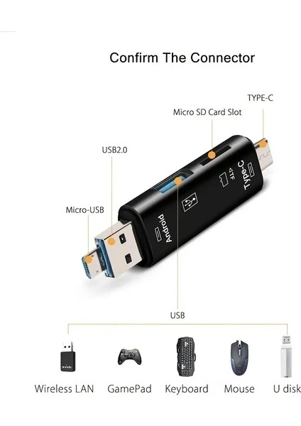 5'i 1 Arada USB Tip C / USB / Mikro USB / Tf / Sd Hafıza Kartı Okuyucu Otg Adaptörü