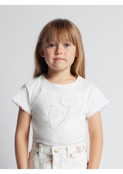 Kız Çocuk Işlemeli Kısa Kollu Tişört 3083
