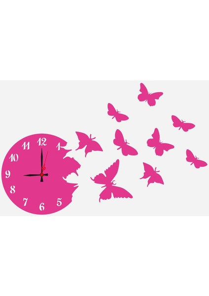 Pembe Ahşap Kelebekli Duvar Saati