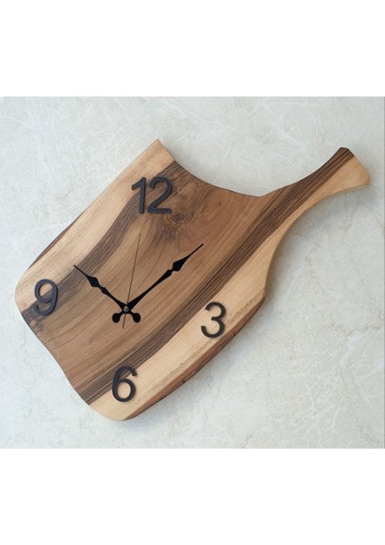 Doğal Ahşap Ceviz Kesme Tahtası, Mutfak Duvar Saati 47X26CM