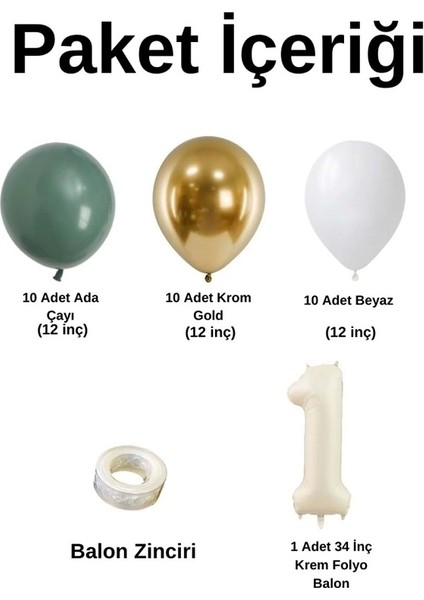 Parti Uzmanı Mini Zincir Balon Seti Ada Çayı-Beyaz-Krom Gold+1 34INÇ Krem Folyo 30 Adet +Balon Şeridi