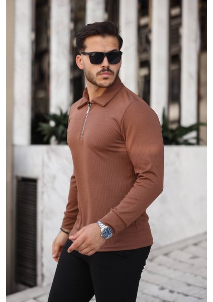 Kahverengi Fit Kalıp Uzun Kol Yarım Fermuarlı Ince Likralı Kazak Body fiyatları