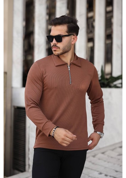 Kahverengi Fit Kalıp Uzun Kol Yarım Fermuarlı Ince Likralı Kazak Body