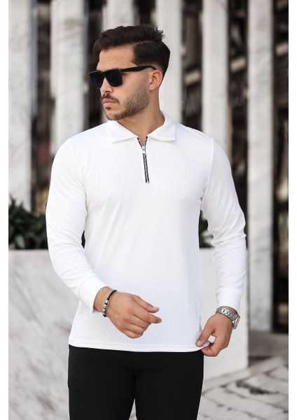 Beyaz Fit Kalıp Uzun Kol Yarım Fermuarlı Ince Likralı Kazak Body