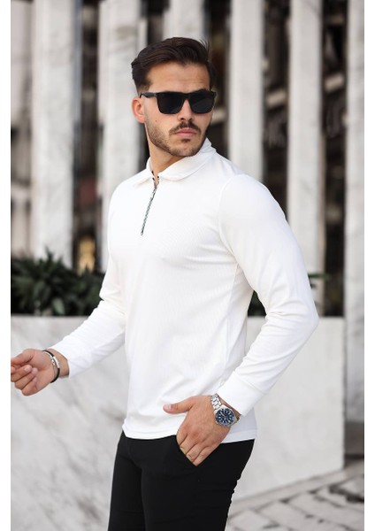 Beyaz Fit Kalıp Uzun Kol Yarım Fermuarlı Ince Likralı Kazak Body