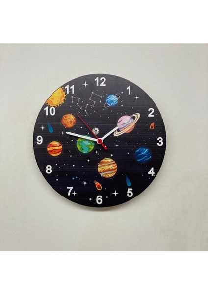 Ahşap Uzay ve Gezegenler Çocuk Odası Duvar Saati 30X30 cm