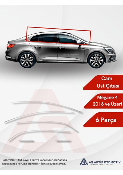 Renault Megane 4 Sd Cam Üst Çerçeve 6 Parça 2016 ve Üzeri Krom Paslanmaz Çelik