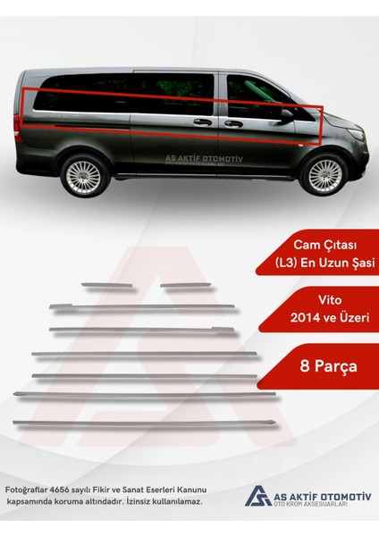 Mercedes Vito W447 Van Cam Alt Çıtaları (Tek Sürgü L3) 8 Parça 2014 ve Üzeri Krom Paslanmaz Çelik