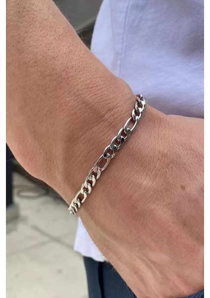 Gümüş Renk Zincir Detaylı Çelik Erkek Bileklik (Unisex)