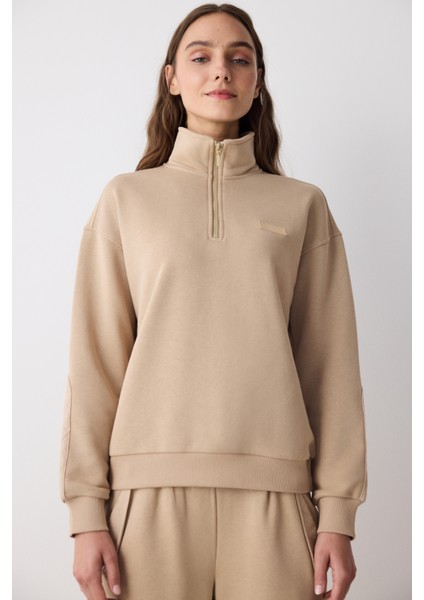 Bej Yarım Fermuarlı Maura Sweatshirt - Saude Koleksiyonu