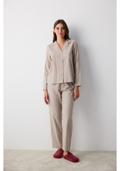 Emma Striped Gri Gömlek Pantolon Pijama Takımı