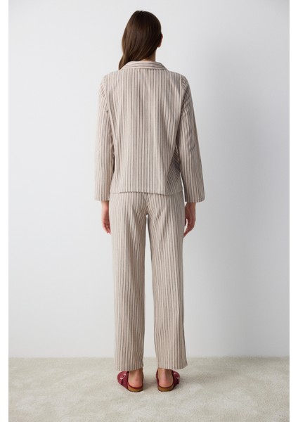 Emma Striped Gri Gömlek Pantolon Pijama Takımı