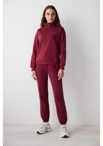 Bordo Yarım Fermuarlı Maura Sweatshirt - Saude Koleksiyonu